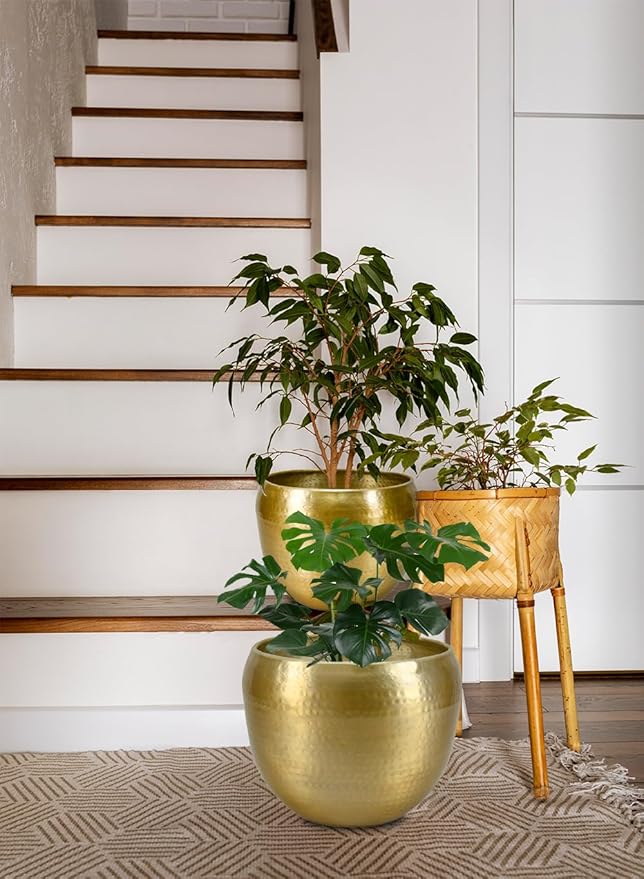 Serene Spaces Living Brass-Look Aluminum Cachepot: Handcrafted in India, Elegant Wedding & Home Decor, Vintage Planter for Indoor Plants, Flowers, Table Centerpieces, and Ornamental Display, KIT of 2