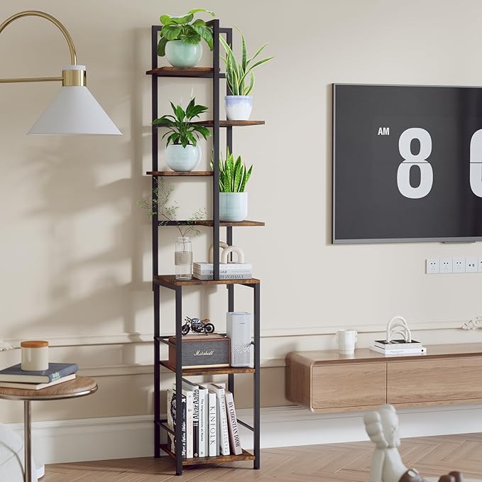 Plant Stand Indoor with Grow Light, 7-Tiered Tall Plant Stand Indoor, Metal Plant Shelf with Bookshelf Bookcase and Adjustable Light, Ideal for Living Room, Reading room, Garden, Patio (Brown)