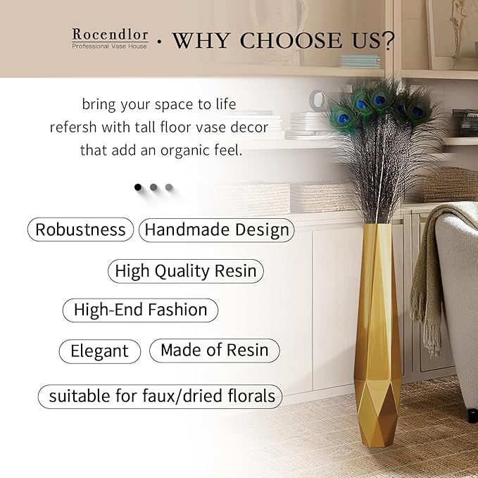 Tall Vases - 27.5" Tall Floor Vase for Home Decor, Resin Floor Vase with Handmade Dimensional Geometric Style, Fits Into Hay/Pampas Grass, Boho Living Room Decor (Gold)