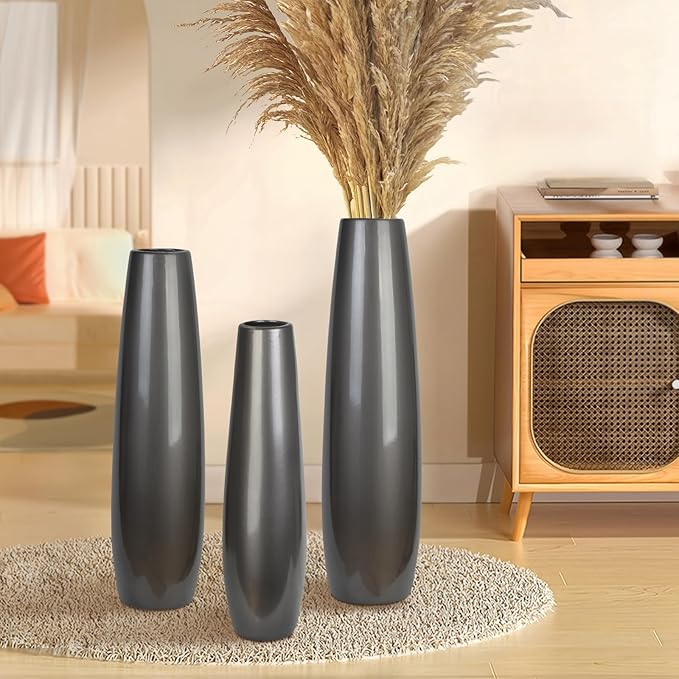 Silvery Ceramic Tall Floor Vase,24 Inch Large Modern Flower Vases for Home Décor,Wicker Big Floor Vase Decorations for Farmhouse, Living Room,Bedroom,Standing Plastic Vase Decorative Tall