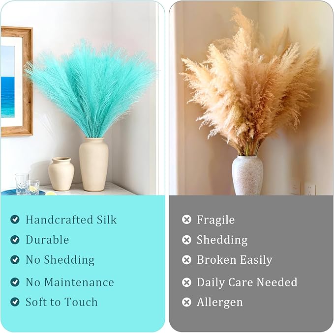 50pcs Faux Pampas Grass, 21.6" Short Artificial Pompous Grass Branches for Vase Filler Home Table Centerpieces Wedding Decor (Sky Blue)