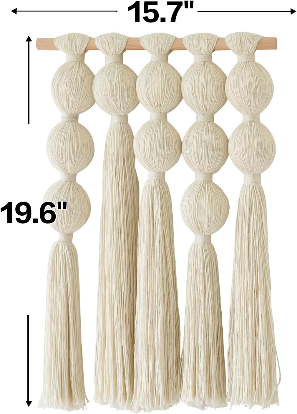 Macrame Wall Hanging with Geometric Yarn Spheres, Handwoven Cotton Tassel Art for Boho Bedroom or Living Room Wall Decor 15.7" W x 19.6" L