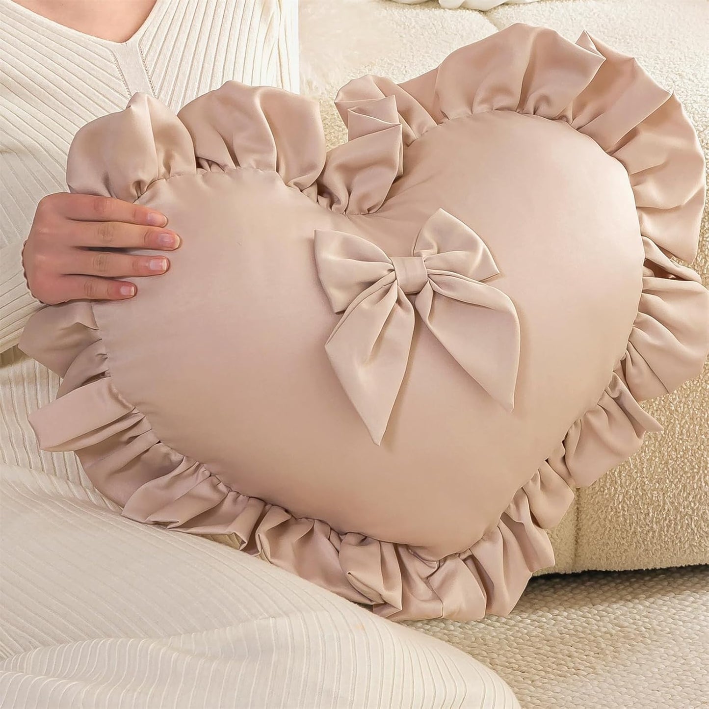 Heart Pillows, Cute Soft Room Decor Ruffled with Bow Love Heart Shape Throw Pillows Sofa Cushion Pillow for Living Room Bed Chair Car Decoration, Champagne