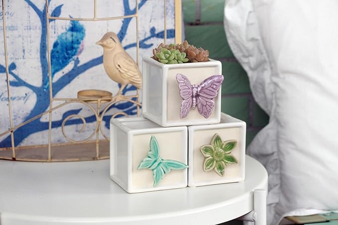 Succulent Plant pots with Tray: Small White Succulent Square Plant pots for Home Office Housewarming - 3.1 inch Geometric Cactus Holder with Drainage and Tray-Suitable for Desktop Storage