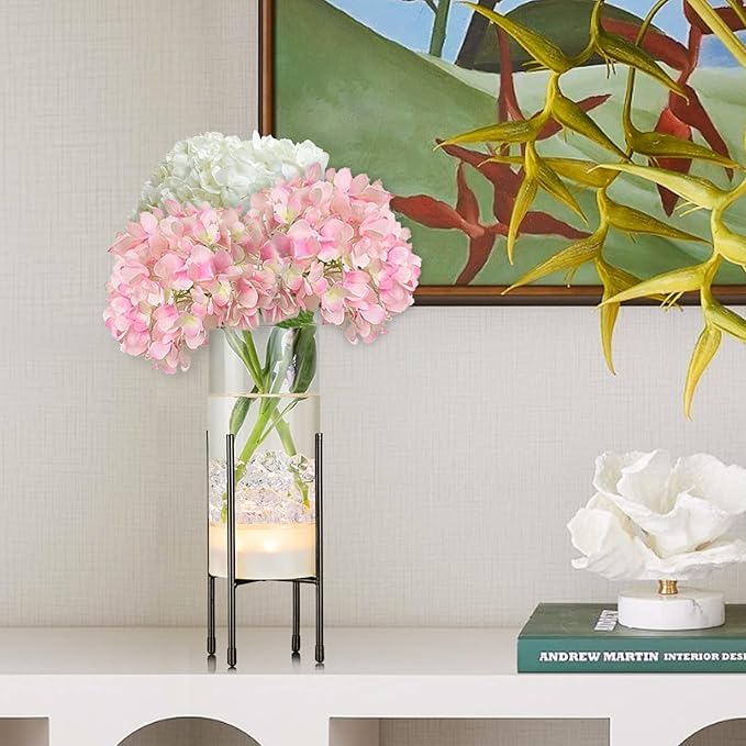 Flower Vase for Decor, for Flowers Plants, Clear Vase with Black Stand, Modern Decorative with Timer LED Lights Battery Operated,Centerpiece/Wedding/Party(Set of 2)