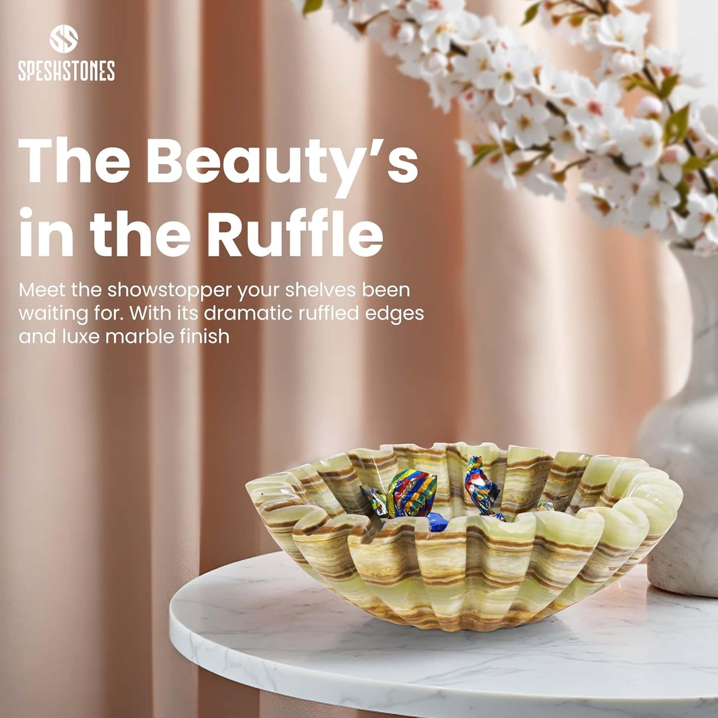 Marble Ruffle Bowl 8 Inch Green Stone Large Decorative Fruit Bowl for Kitchen Counter & Dining Table Centerpiece - Modern Fluted and Scalloped Bowls for Coffee Tables & Home Decor