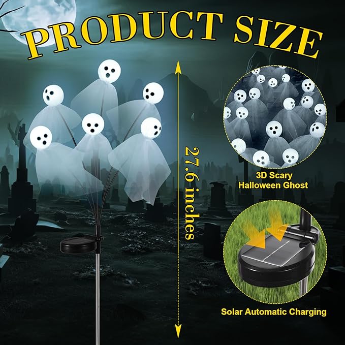 VIHOSE 2 Packs Halloween Solar Lights Outdoor 12 LED Solar Ghost Pathway Lights Waterproof Spooky Ghost Path Light Outdoor Halloween Decorations for Outside Garden Lawn Yard Decors (White)
