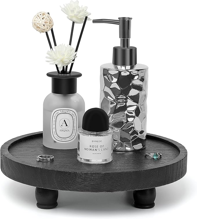 Tikea Farmhouse Wood Display Riser, 10 in. Farmhouse Pedestal Stand for Living Room Kitchen Bathroom Counter Decor, Round Display Tray for Coffee and Soap Dispenser (Black)