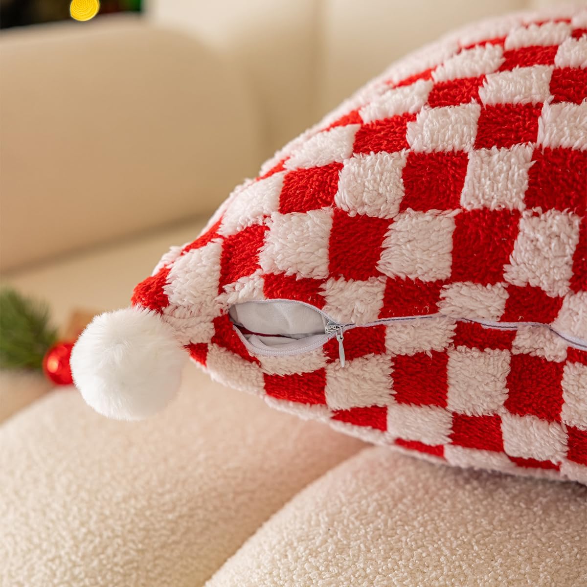 Faux Fur Plush Decorative Throw Pillow Covers with Pom Poms 18x18 Square Soft Christmas Checkered Pillow Covers for Couch Set of 2 Red x2