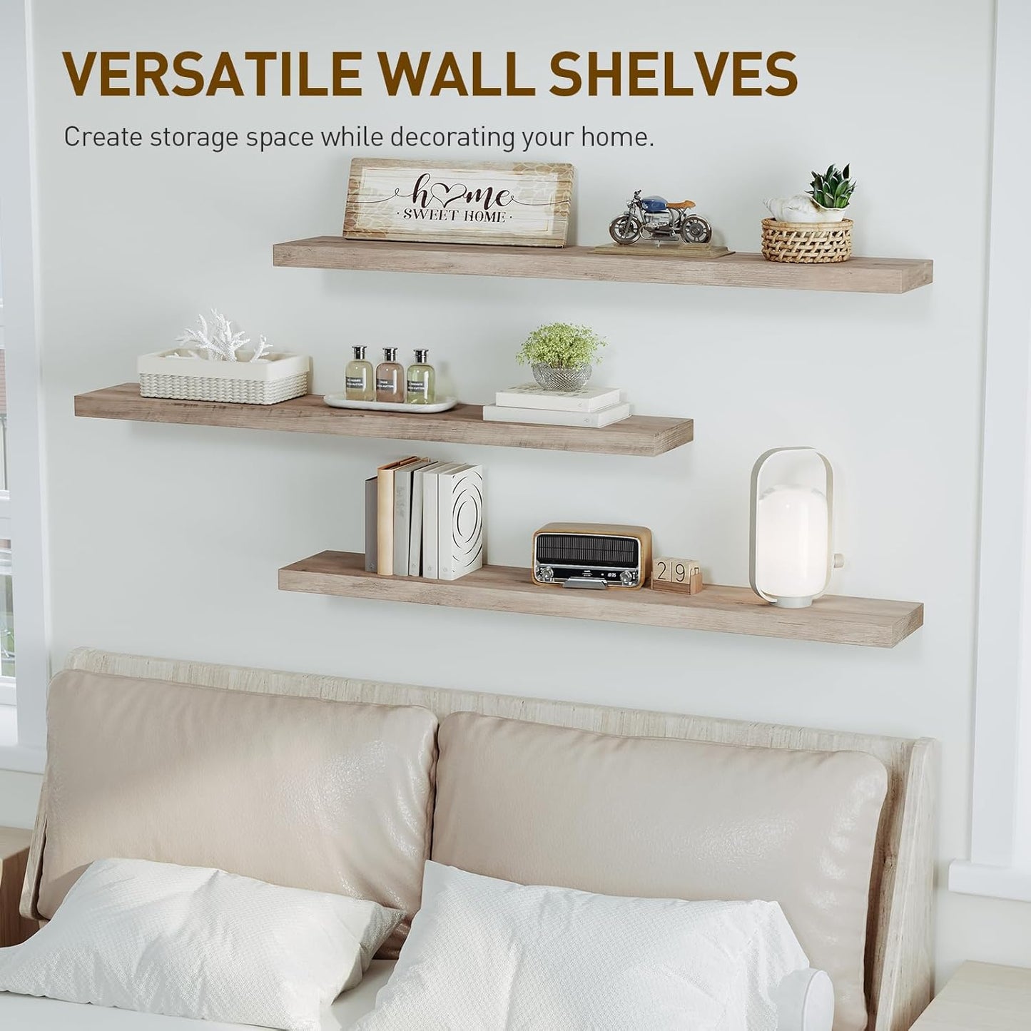 Floating Shelves for Wall, 1.5" Thick Wall Shelf Set of 3 with Invisible Brackets, L47.2 x W7.9 Hanging Book Shelves Farmhouse Home Decor for Bathroom, Living Room, Bedroom, Greige 12301BJP3BG