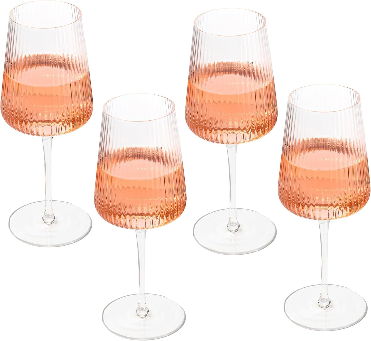 Crutello Modern Wine Glasses 17 oz Glassware, Set of 4, Unique Fluted Glassware with Vintage Ripple Texture, Art Deco Red or White Wine Fancy Glasses