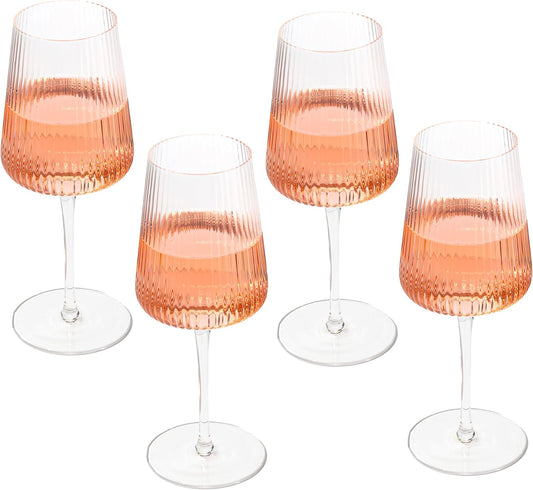 Crutello Modern Wine Glasses 17 oz Glassware, Set of 4, Unique Fluted Glassware with Vintage Ripple Texture, Art Deco Red or White Wine Fancy Glasses