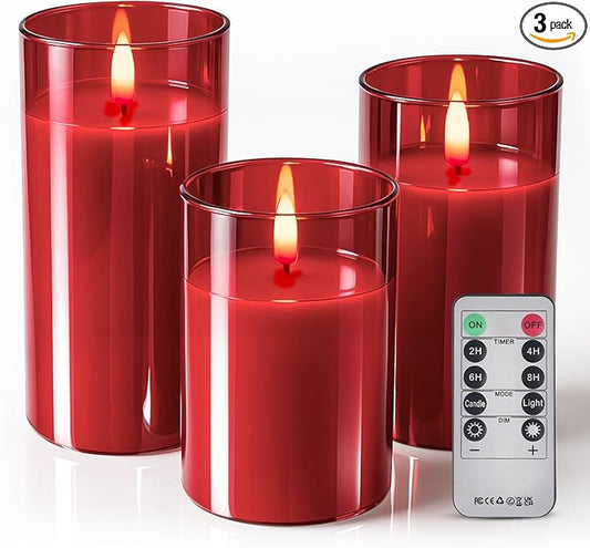 Tyawon Glass Battery Operated LED Flameless Candles with Remote and Timer, Real Wax Candles Warm Color Flickering Light for Festival Wedding Home Party Decor(Pack of 3)-Red