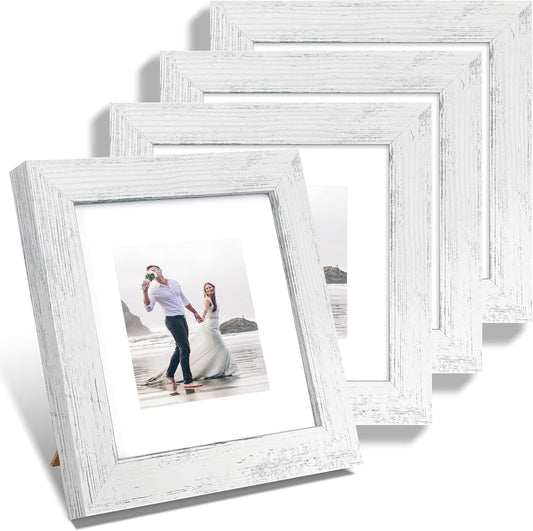 iRahmen 6x6 Picture Frame Set of 4 with High Definition Glass, Distressed White Frames Display 4x4 Picture with Mat or 6 x 6 Without Mat, Wood Square Photo Frame for Wall Mount and Tabletop Display