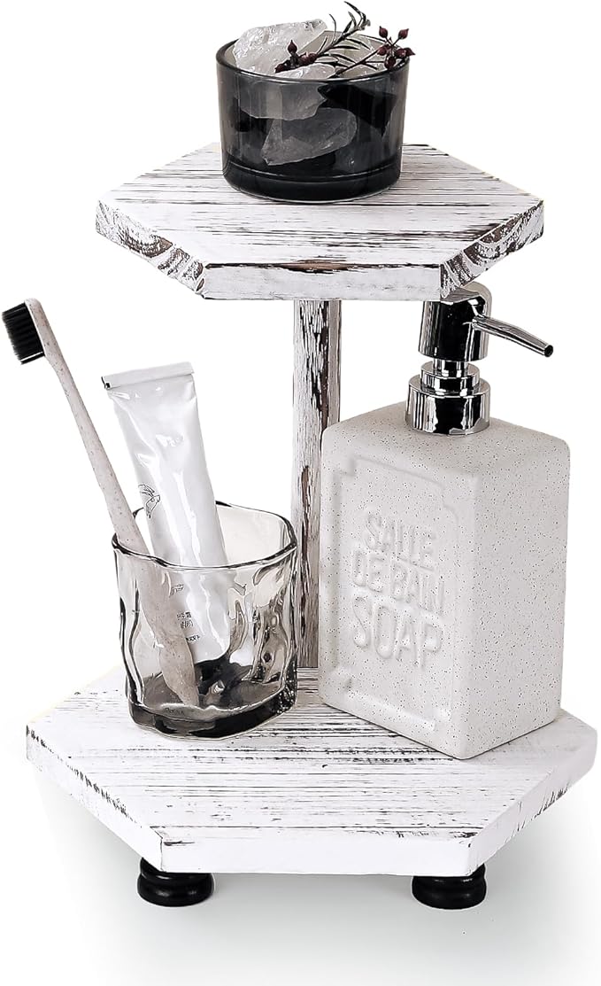 Tikea Hexagonal Wood Riser for Display, 2-Tier Wood Farmhouse Riser for Kitchen Bathroom Counter Decor, Decorative Tray for Soap Dispenser, Decorations and Plant (White)