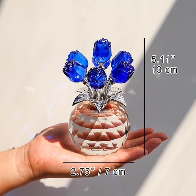 Ornalrist Crystal Rose Figurines Gifts for Wife Her, Romantic Presents for Women on Anniversary Valentine's Day Mother's Day Birthday Christmas, Glass Collectible Rose Floral Home Decor (Blue)