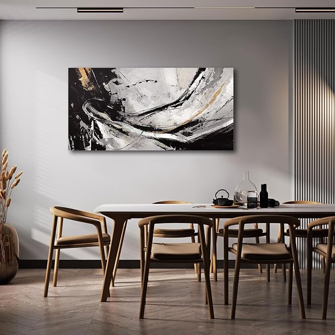 XIANSHOU Black and White Wall Art for Living Room/ 24x48 Inches Abstract Painting/Modern Artwork for Bedroom Home Office Wall Decorations