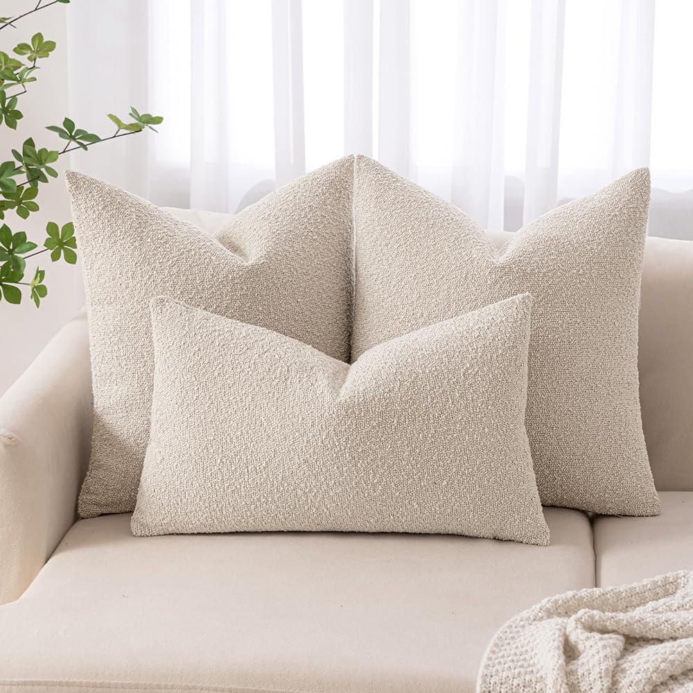 MIULEE 22x22 Christmas Decorative Euro Sham Throw Pillows for Bed Set of 2 Textured Boucle Neutral Winter Throw Pillow Covers Natural Beige Accent Solid Couch Pillowcase Sofa Livingroom Home Decor