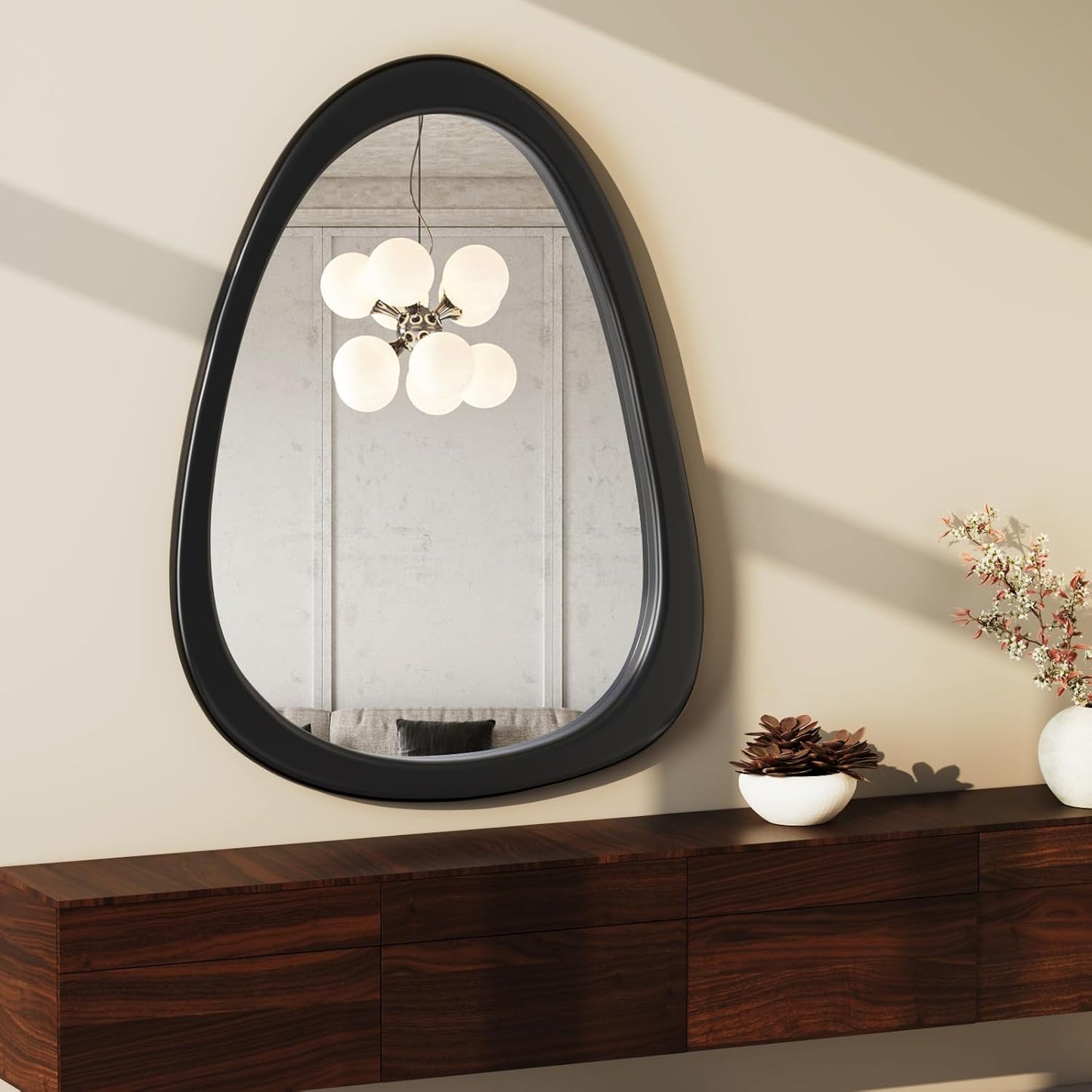 COOL2DAY Irregular Mirror,Asymmetrical Wood Wall Frame Abstract Assymetrical Decorative Mirror,Black Odd Shaped Mid Century Mirrors for Living Room Bedroom Entryway Bathroom Home Decor