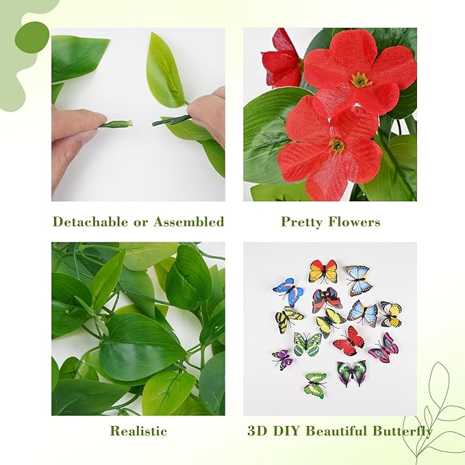 BLEUM CADE Artificial Hanging Flowers for Outdoors, 2pcs Fake Hanging Plants Pothos Vines with Red Flowers for Wall Home Living Room Indoor Outdoor Decor (No Baskets)