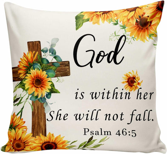 God is Within Her She Will Not Fall Throw Pillow Cover,Sunflower Religious Pillow Covers Farmhouse Decorative Cushion Case Sofa Pillow Case 18x18 Inch