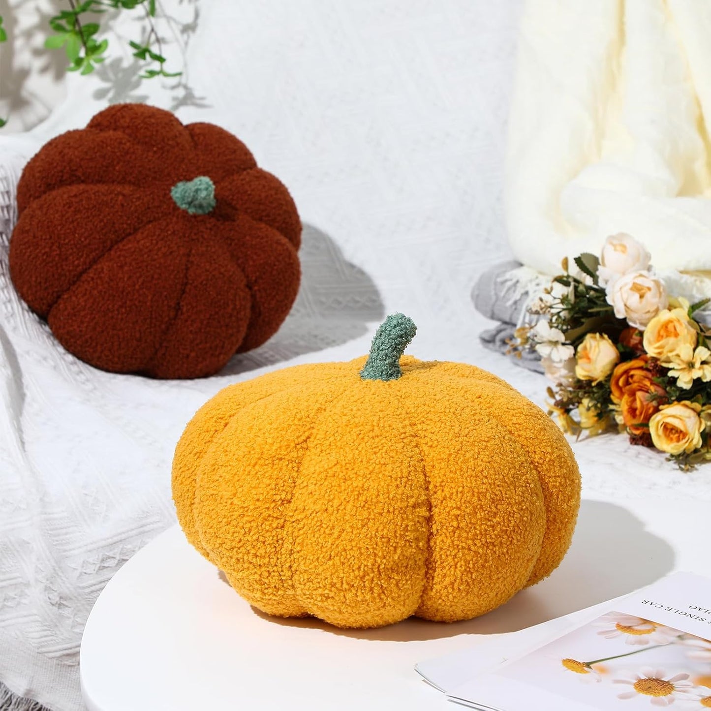 Kajaia 2 Pcs Simulated Pumpkin Pillow Plush 11 x 9.5 Inch 3D Cushion Fall Decorations Stuffed Throw Pillows Toy for Thanksgiving Christmas Halloween Bedroom Sofa Couch Supplies (Yellow,Brown)