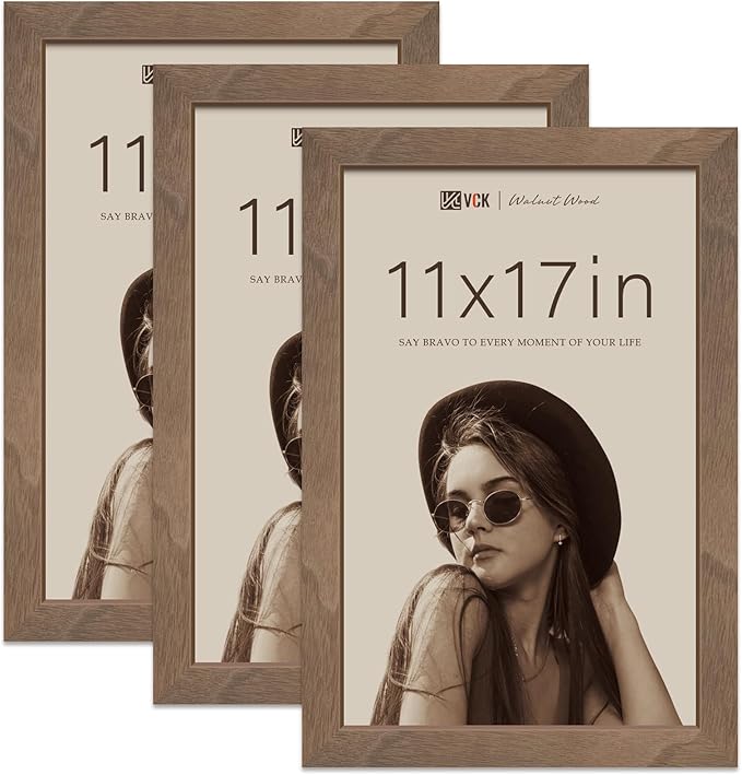 VCK 11x17 Picture Frame 3 Pack - Brown Walnut, Natural Wood Grain Solid Wood Poster Frame, Wall Gallery Frame