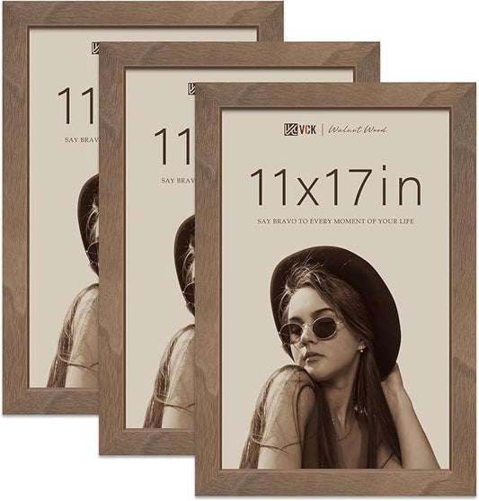 VCK 11x17 Picture Frame 3 Pack - Brown Walnut, Natural Wood Grain Solid Wood Poster Frame, Wall Gallery Frame