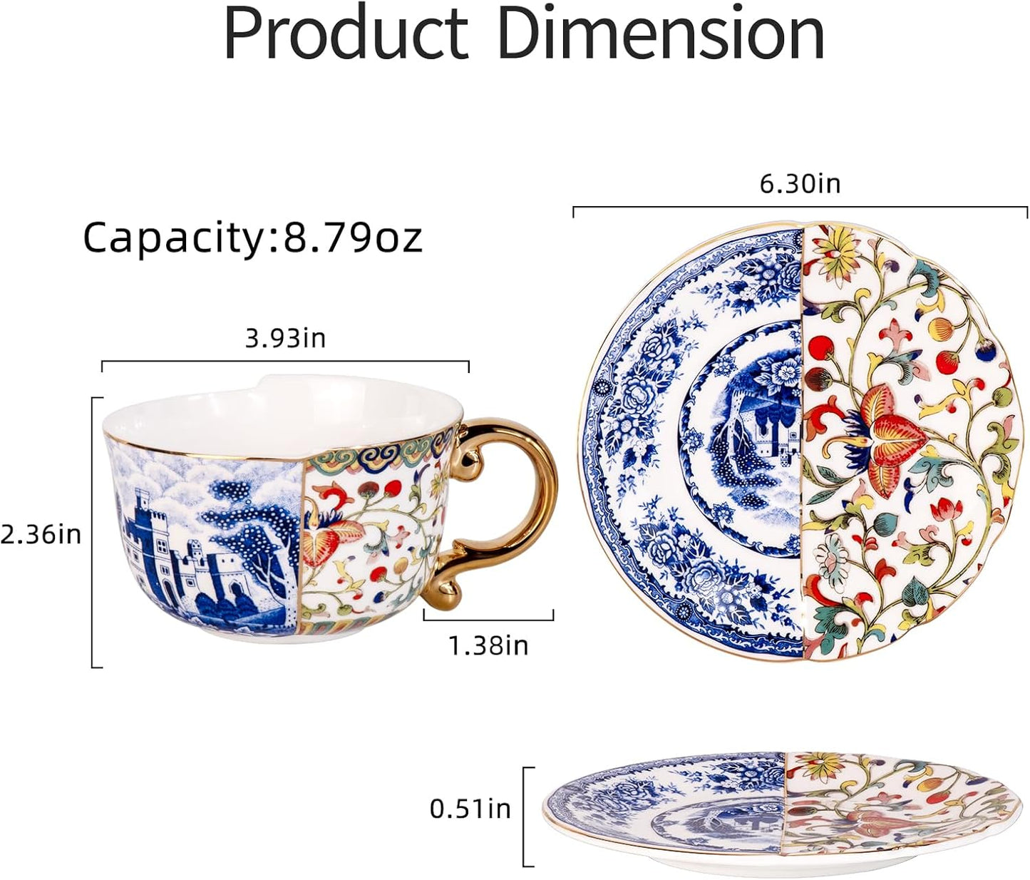 KAMMAK Tea Cups and Saucers Set of 2, Fine Bone China Coffee Cups, 8.5-Ounce Stackable Espresso Mugs, Ceramic Demitasse for Coffee, Cappuccino, Latte, Americano, Tea, Doozy + Rose