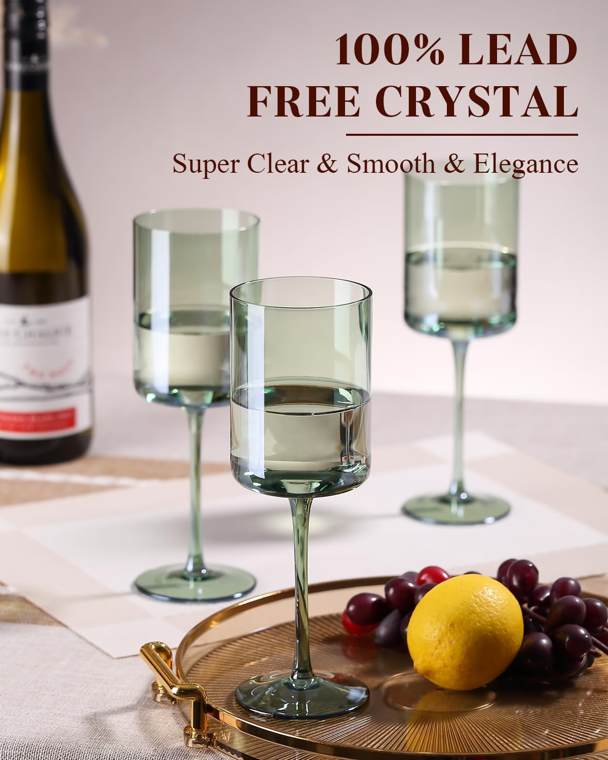 Green Square Wine Glasses Set of 6 - Hand Blown, Colorful With Tall Long Stems, Modern Set for All Occasions - 14oz