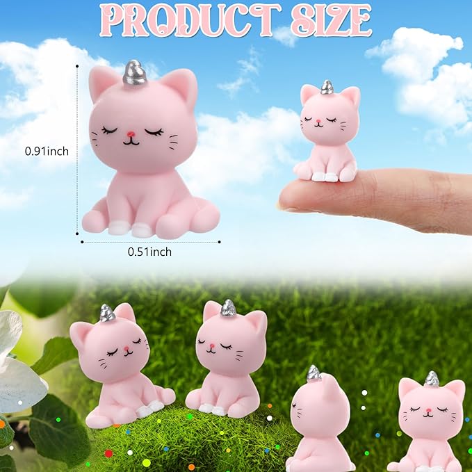 50 Pcs Mini Unicorn Cat Figurines Mini Resin Figurines Little Pink Cat Figurine to Hide for Fairy Garden Decor, Dollhouse, Cake Topper, Birthday Party Gifts