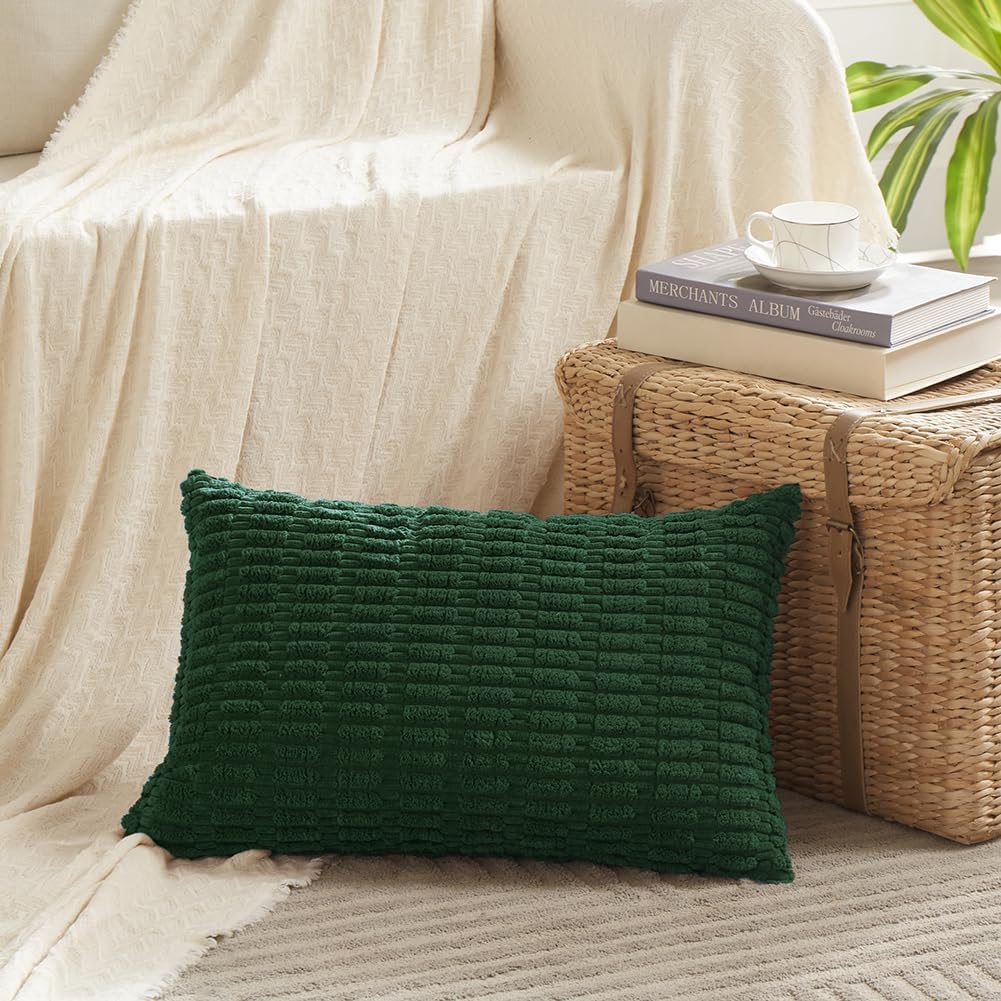 Fancy Homi Set of 4 Dark Green Lumbar Rectangle Decorative Throw Pillow Covers 12x20 Inch for Couch Bed Chair, Aesthetic Boho Room Decor, Soft Fuzzy Thick Corduroy Cute Textured Cushion Case 30x50cm