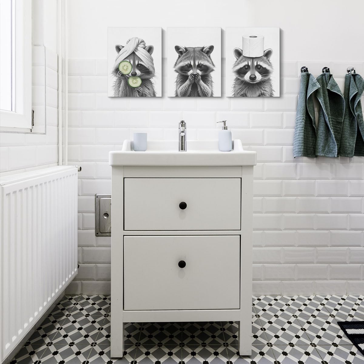 HZMLYDJ 3Pcs Adorable Raccoon Bathroom Wall Art, Modern Black and White Animal Wall Decor Funny Bathroom Sign Wood Rustic Farmhouse Interestring Washroom laundry room Decorations Animal Prints Wall