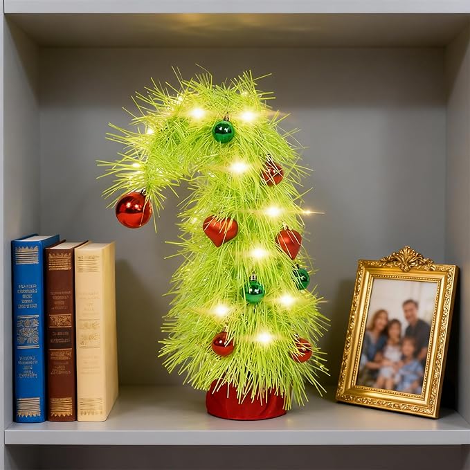 16 inch Pre-Lit Mini Christmas Tree with Ornaments Included, Lime Green Whimsical Artificial Tabletop Tree for Home, Office Desk & Holiday Decor