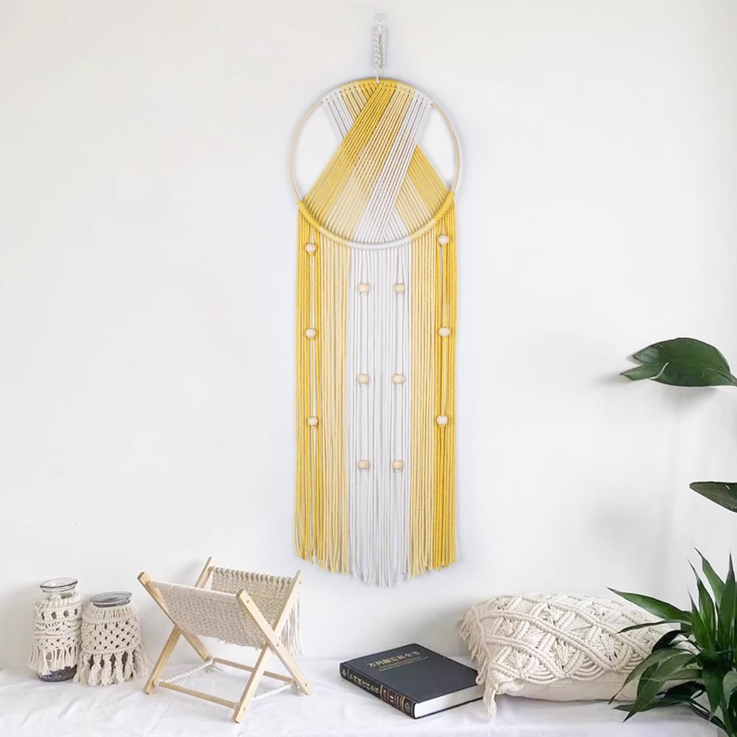 LB Boho Yellow Macrame Wall Hanging Handmade Woven Cotton Tapestry with Wood Board Modern Yellow and Beige Aesthetic Wall Decor for Home, Bedroom, Living Room