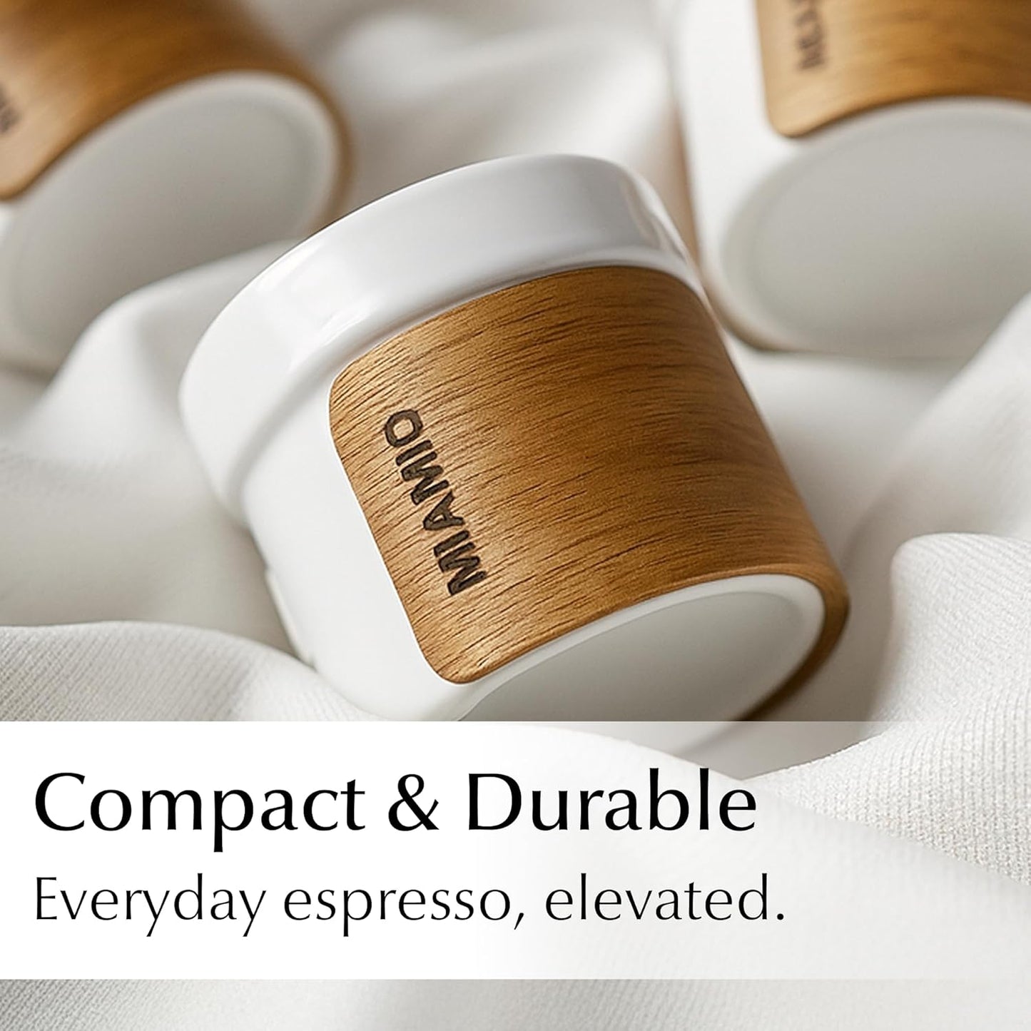 MIAMIO – Espresso Cups Set of 4 (3.5 oz) Japanese Tea Cups Ceramic/Handleless Mug with removable Wooden Cuff/Coffee Cups without Handle (White)