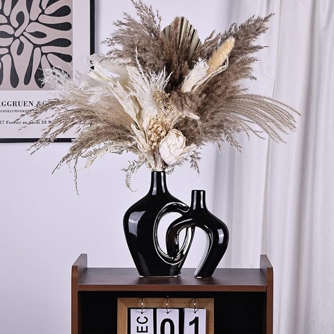 Black and Silver Hollow Ceramic Vase Set of 2, Modern Nordic Boho ins Style Aesthetic Decorative Flower Vase for Home Decor, Wedding, Living, Bedroom, Dining Table, Shelf, Mantle, Office Decor