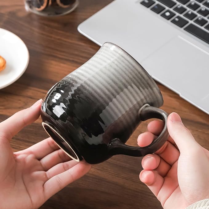 21 oz Large Ceramic Coffee Mugs, Pottery Mug Handmade, Ceramic Tea Cups with Handle for Office and Home, Dishwasher and Microwave Safe (Grey Black)