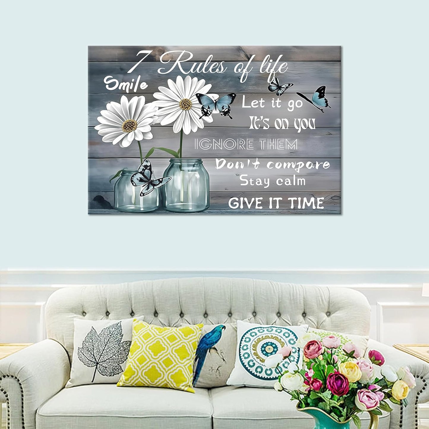 Inspirational Wall Art Rustic Daisy Butterfly Canvas Vintage Floral Wall Decor Poster Print Flowers Picture Painting Wall Decor Artwork for Living Room Workplace Gym Stretched and Framed [36''Wx24''H]