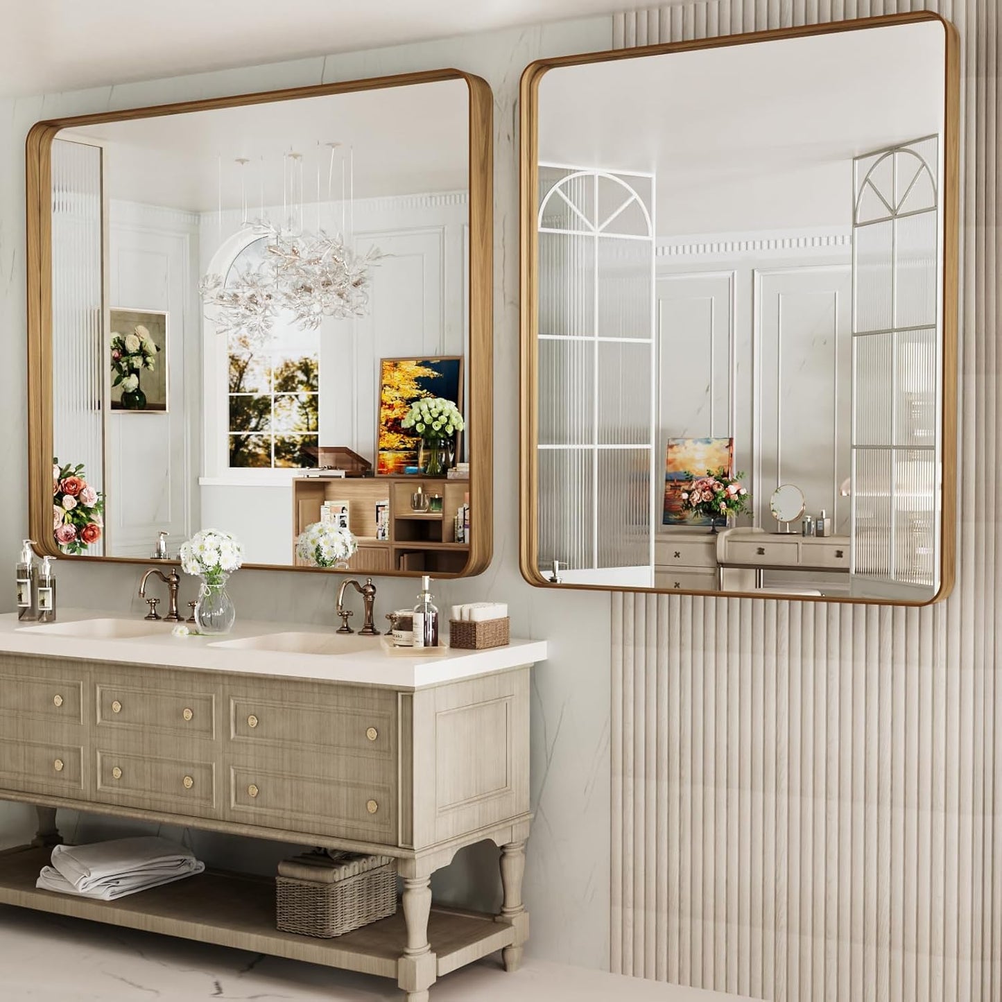 LOAAO 48X40 Inch Bathroom Mirror with Wood Grain Colored Metal Frame, Rounded Rectangle Metal Framed Bathroom Mirror, Anti-Rust, Hangs Horizontally or Vertically, Tempered Glass