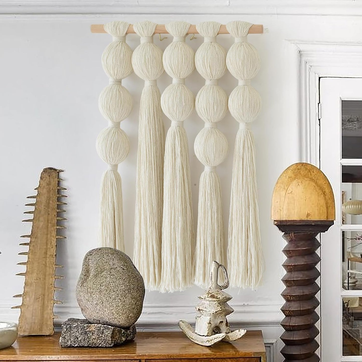 Macrame Wall Hanging with Geometric Yarn Spheres, Handwoven Cotton Tassel Art for Boho Bedroom or Living Room Wall Decor 15.7" W x 19.6" L