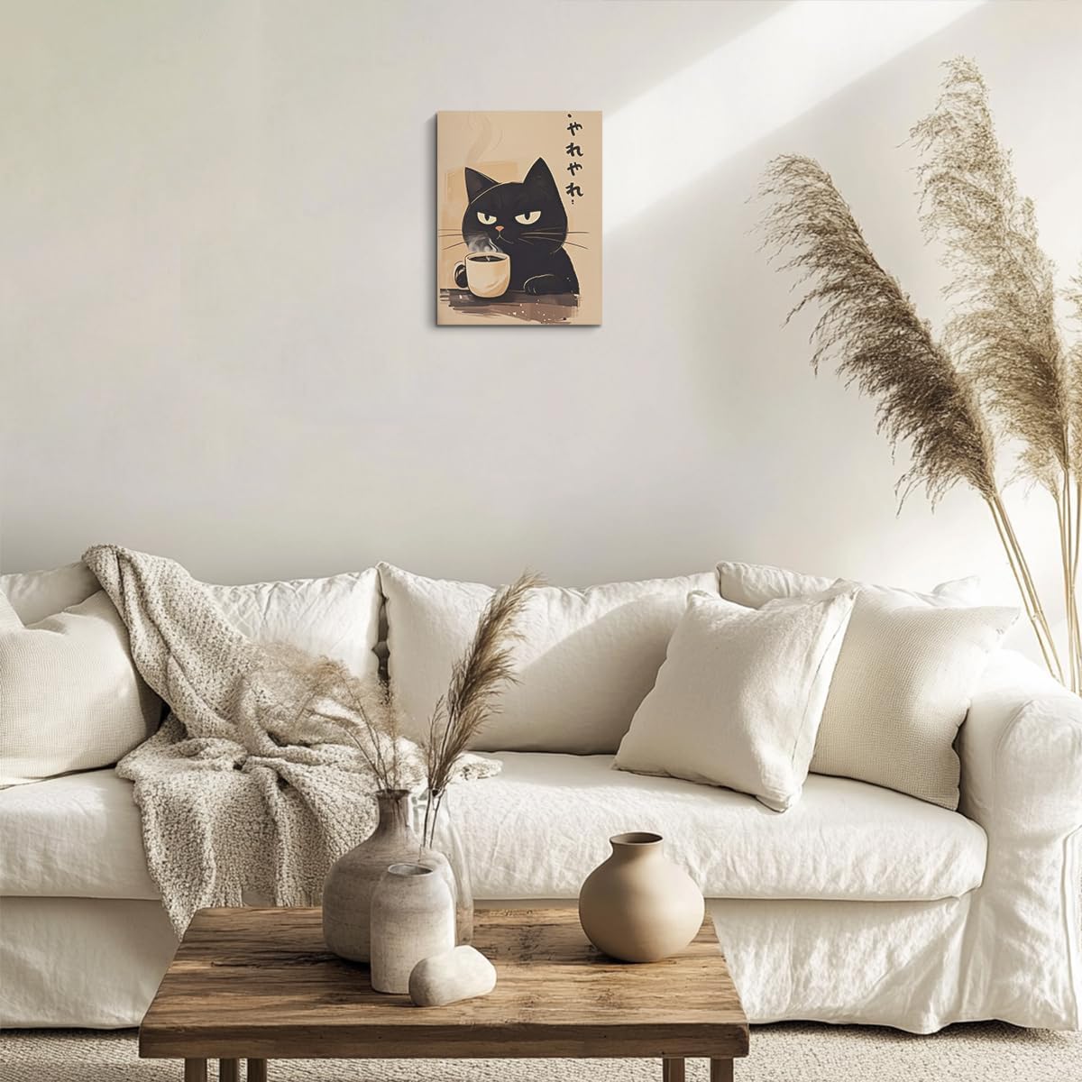 Cute Cat Canvas Wall Art, Minimalist Japanese Cat Drink Coffee Canvas Wall Art, Posters Trendy paintings Aesthetic Decoration, Artwork for Walls Home Living Room Restaurant Kitchen Coffee Bar Decor