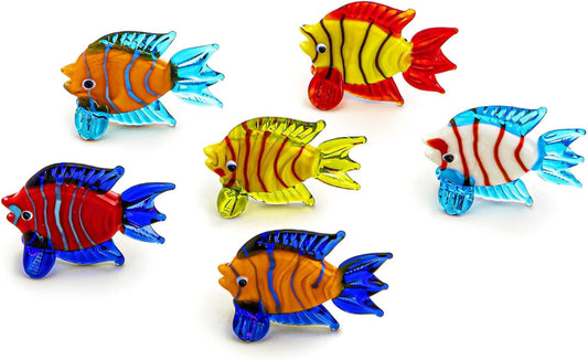 HDCRYSTALGIFTS Miniature Hand Blown Tropical Fish Figurine Handmade Art Glass Sea Animals Collection, Set of 6