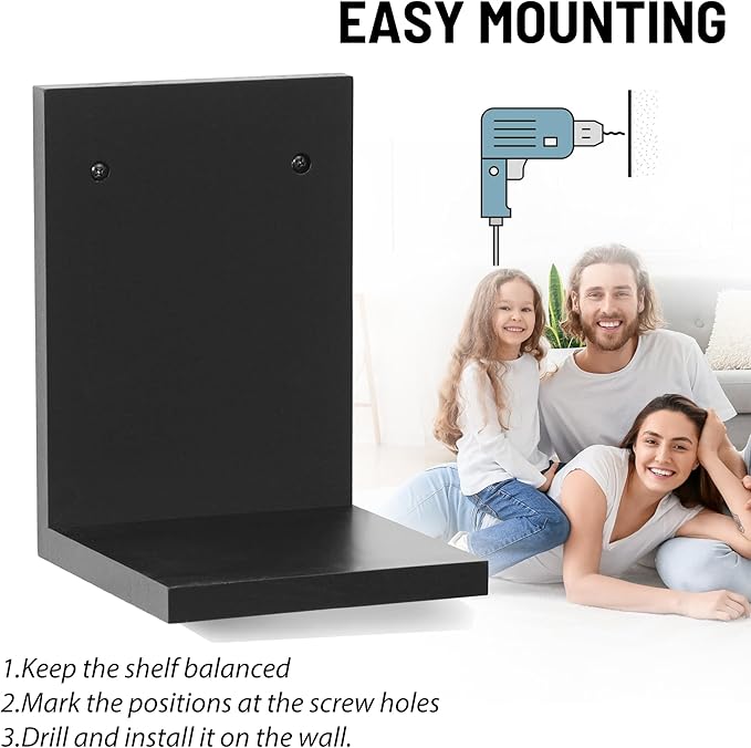 PHOENANCEE Small Wall Shelf Modern,Wooden Mini Floating Shelves,Indoor Wall Mounted Plants Shelf L Shaped,Midcentury Display Decorative Holder for Gallery Living Room Bedroom Porch,Pine,4 Pack(Black)