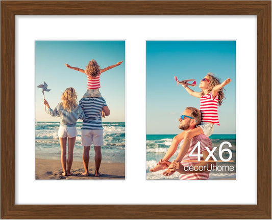decorUhome 8x10 Picture Frames Collage Wall Decor, Display 2Pcs 4x6 Photos with Mat or 1Pcs 8x10 Unmatted, 2 4x6 Collage Picture Frames for Wall Mounting, Brown