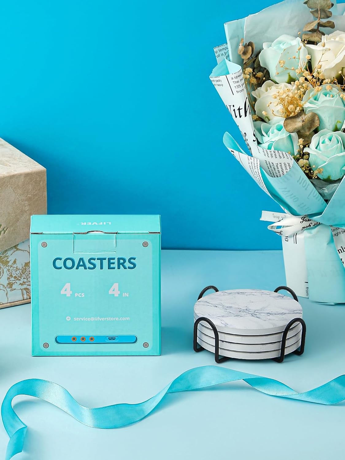 LIFVER Absorbent Coaster Sets of 4, Drink Coasters with Holder, White Marble Style Ceramic Drink Coaster for Tabletop Protection, Suitable for Kinds of Cups and Wooden Table, Cool Home Decor, 4 Inches