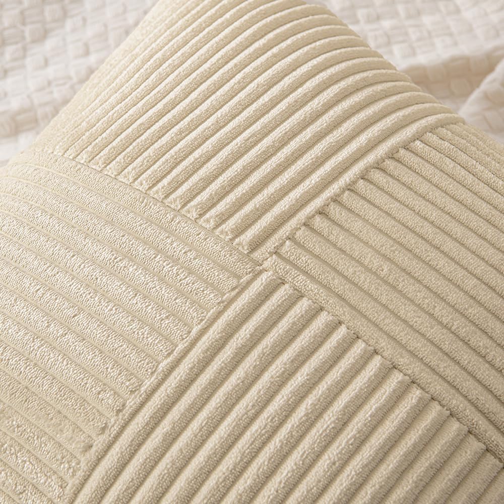 MIULEE 24x24 inch Euro Cream Corduroy Pillow Covers Pack of 2 Boho Decorative Spliced Throw Pillow Covers Soft Solid Couch Pillowcases Cross Patchwork Textured Cushion Covers for Living Room Bed Sofa