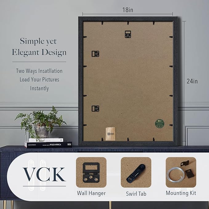 VCK 18x24 Poster Frame Black Oak - 3 Pack, Exclusive Natural Textured Solid Wood Picture Frames, Horizontal and Vertical Formats for Wall with Included Hanging Hardware