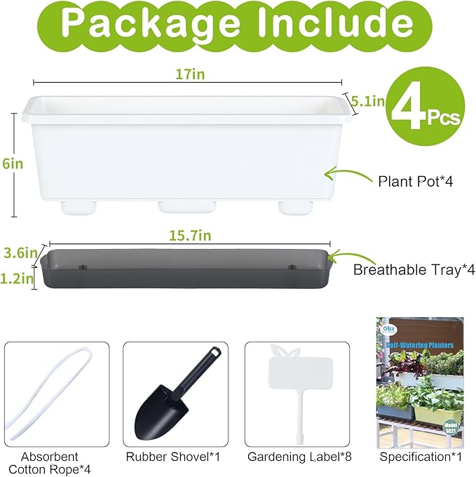 Window Box Planter 4 Packs, 17 Inches Rectangle Flower Pots with Drainage Holes & Trays, Pots for Vegetables, Herbs, Flowers, Garden Windowsill Balcony (White, 17 * 5.1 * 6 inch)