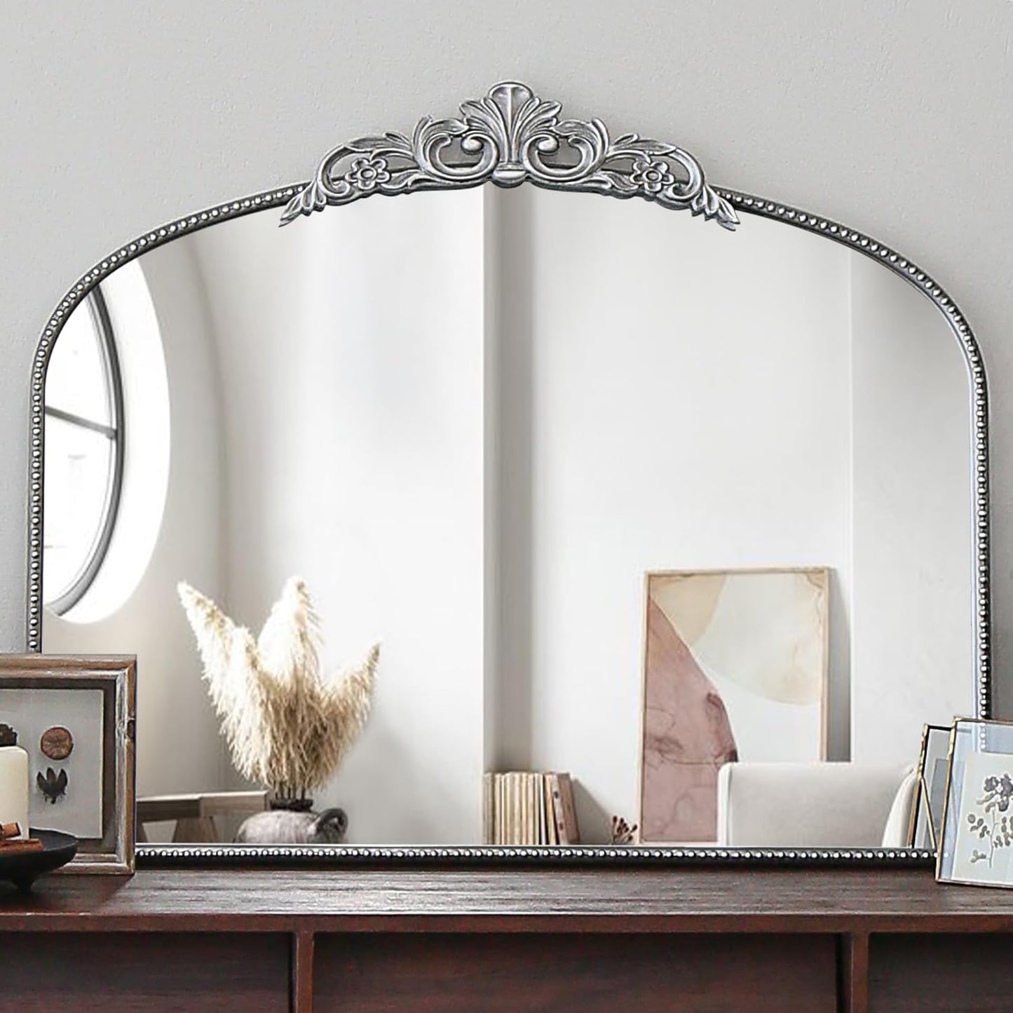 Micasso Vintage Baroque Silver Mirror: 29" x 36" French Vintage Mirror - Traditional Ornate Decorative Arched Mirrors for Wall/Bathroom/Entryway/Fireplace/Hallway - Home Decor for Living Room